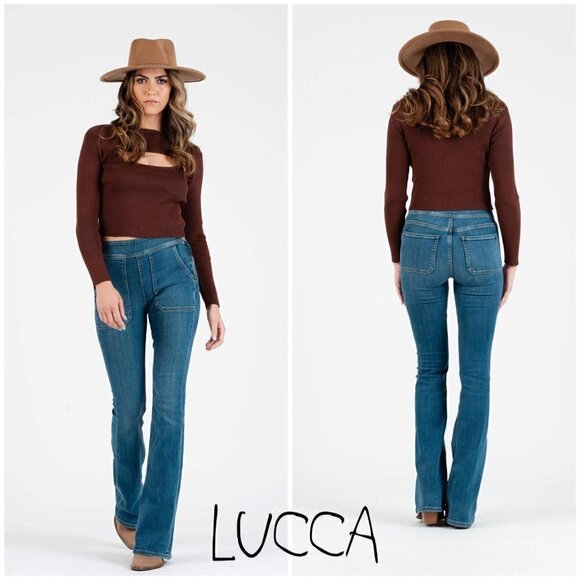 Lucca CHELLA RIB SWEATER PEEK A BOO TOP Dark brown. Size large - Picture 1 of 8